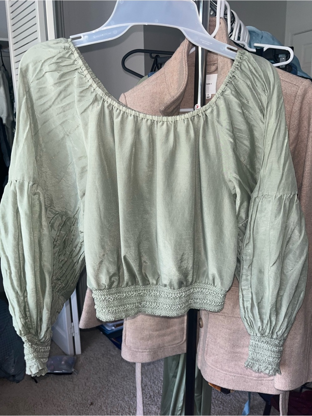 Alice + Olivia Sage Green Smocked Hem Peasant Blouse